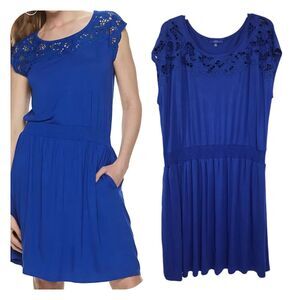 Apt. 9 Cinched Waistline T-Shirt Dress 2XL Blue Embroidered Scoop Neck Stretch